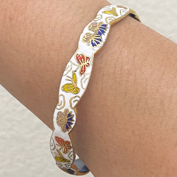 Vintage Chinese Cloisonné White Blue Enamel Butterfly Bangle Bracelet 33g. - Picture 5 of 11